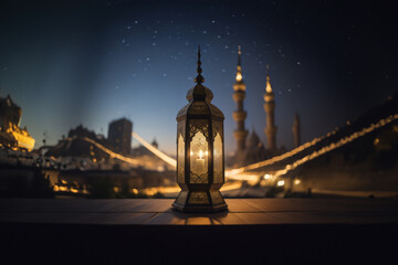 Fototapeta na wymiar An ornamental Arabic lantern with colorful glass glowing. The blurred city showing in the background. A greeting for Ramadan and Eid.