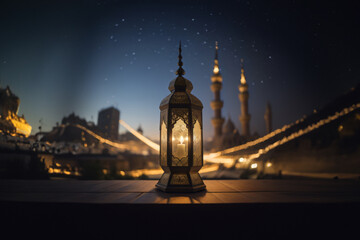 Obraz premium An ornamental Arabic lantern with colorful glass glowing. The blurred city showing in the background. A greeting for Ramadan and Eid.