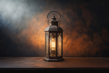 An ornamental Arabic lantern with colorful glass glowing on a dark background, a greeting for Ramadan and Eid.