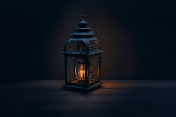 Fototapeta na wymiar An ornamental Arabic lantern with colorful glass glowing on a dark background, a greeting for Ramadan and Eid.