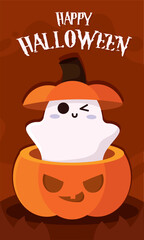 Happy halloween poster Ghost in a halloween pumpkin Vector