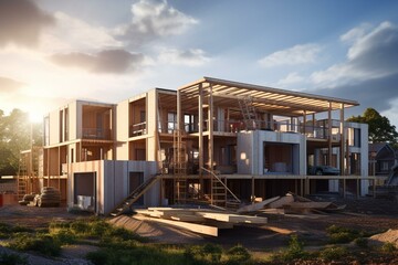 Development of modern home underway on the housing construction site. Generative AI - obrazy, fototapety, plakaty