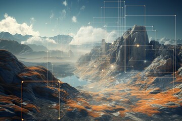 Mountain landscape with interface and scaffolding. Generative AI