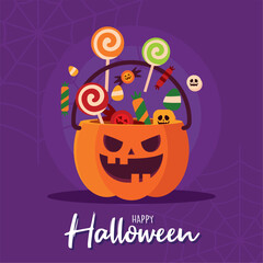 Happy halloween poster candies pumpkin basket Vector