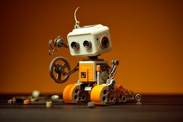 Adorable tiny automaton, micromachine, in orange, yellow, and white hues, solitary mechanical helper. Generative AI