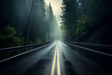 wet road, cloudy asphalt, empty highway, foggy forest, dramatic lightning, panorama. Generative AI - obrazy, fototapety, plakaty