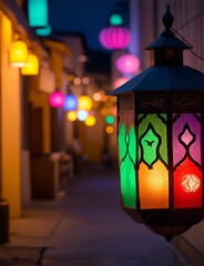An ornamental Arabic lantern with colorful glass glowing. The blurred city showing in the background. A greeting for Ramadan and Eid.