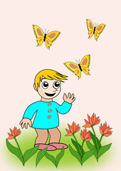 A little boy stands and looks at three butterflies fluttering above him
