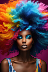 A woman with colorful hair and makeup. Dazzling color brilliance, irresistible hair perfection