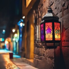 An ornamental Arabic lantern with colorful light glowing in the street in the evening.