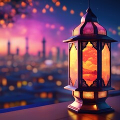 An ornamental Arabic lantern with colorful light glowing in the street in the evening.