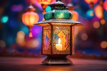 An ornamental Arabic lantern with colorful light glowing in the street in the evening.