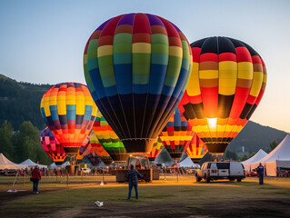 Vibrant hot air balloons in a cluster, getting ready for a colorful adventure in the sky. - Powered by Adobe