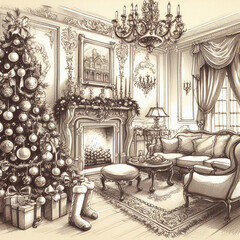 Dibujo de un salón de estar decorado para Navidad