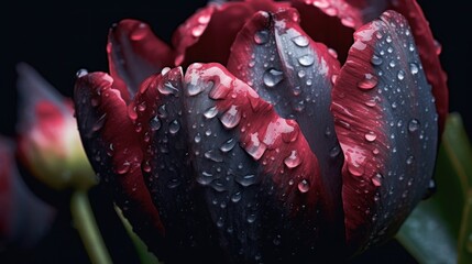 Tulip. Beautiful bouquet of tulips with drops of water on a black background. Tulips. Mother's day...