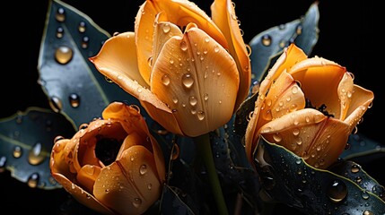Beautiful orange tulips with water drops on black background, closeup. Tulips. Mother's day concept...