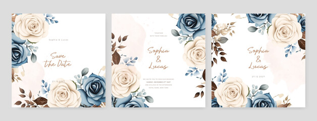 Blue and white rose beautiful wedding invitation card template set with flowers and floral
