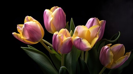 Bouquet of yellow and pink tulips on a black background. Tulips. Mother's day concept with a space for a text. Valentine day concept with a copy space.
