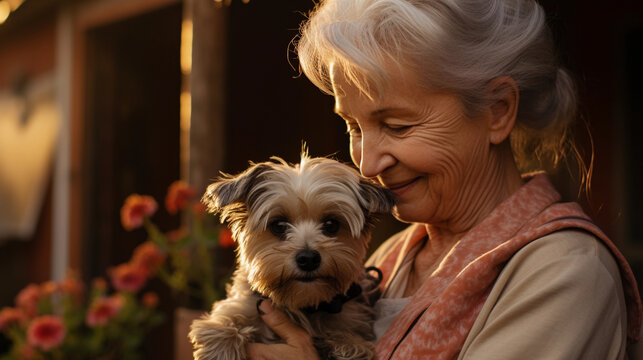  elderly lady gently holding and hugging her dog with affection Unconditional love