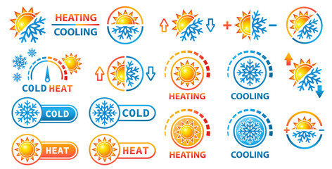 Hot and cold, heating, cooling temperature regulation, sun and snowflake climate control button icon set. Snow winter, summer weather. Warm, freeze sensor. Cooler, heater, thermostat equipment. Vector - obrazy, fototapety, plakaty
