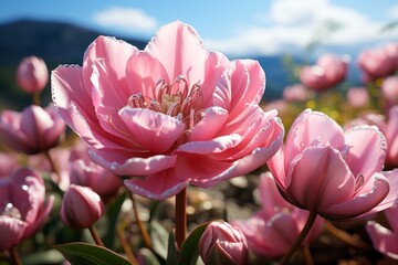 Beautiful pink tulips in the garden on a sunny day. Tulips. Mother's day concept with a space for a...