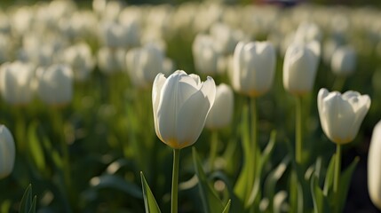 White tulips growing in an agricultural field in the sunlight in spring. Tulips. Mother's day...
