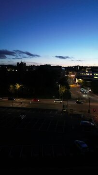 Aerial View of Illuminated British Downtown View of Luton City, England UK. Image Captured After sunset over United Kingdom with Drone's Camera