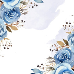 Blue and white elegant watercolor background with flora and flower