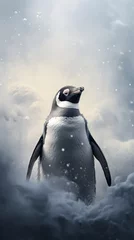 Rolgordijnen  Portrait of a penguin in a snowy landscape.  Blurred background. AI generation © Iaroslava