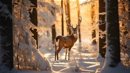 A deer standing in the middle of a snow covered forest.