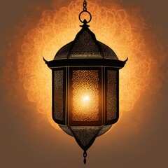 An ornamental Arabic lantern with colorful light glowing in the street in the evening.