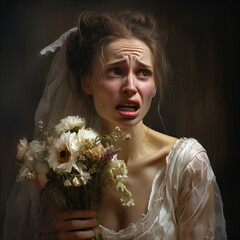 portrait of a person with a bouquet of flowers - An ugly crying bride shot from 3/ 4 profile, holding a beautiful bouquet. She has an asymetric face, droopy eyes, very dry hair and a crooked nose