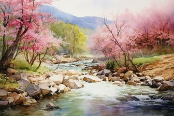 springtime creek in the mountains, painted in watercolors. Generative AI