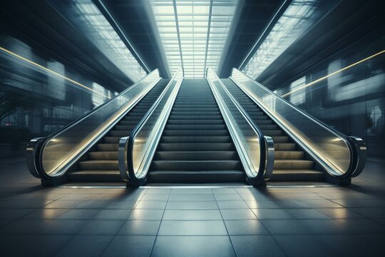 Moving staircase in a train station with blurry images and descending stairs. Generative AI