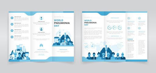World pneumonia day trifold brochure, pamphlet or triptych leaflet template for raising awareness of bacterial, viral and fungal pneumonia, prevention methods and treatments - obrazy, fototapety, plakaty