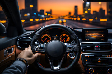 Interior view of car with city road view