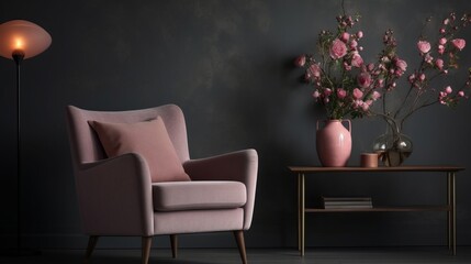 Armchair in a spacious living room. A pink armchair in a spacious living room with a lamp and table surrounded by flowers and a shelf against a grey wall with a dark painting With copyspace for text