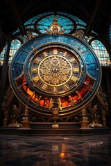 A large clock in front of a stained glass window. AI image. Imaginary astrological clock.