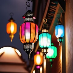 An ornamental Arabic lantern with colorful glass glowing. The blurred city showing in the background. A greeting for Ramadan and Eid.