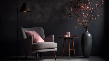 Armchair in a spacious living room. A pink armchair in a spacious living room with a lamp and table surrounded by flowers and a shelf against a grey wall with a dark painting With copyspace for text