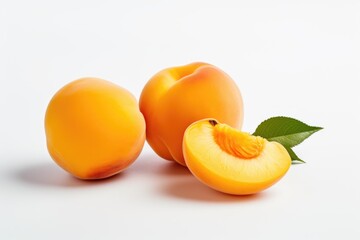 A couple of peaches sitting next to each other. Photorealistic, on white background