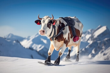 Lustige Kuh beim Skifahren in den Bergen - obrazy, fototapety, plakaty