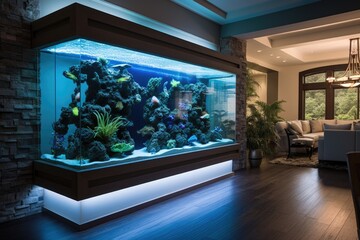 A fish tank in the middle of a living room. - Powered by Adobe