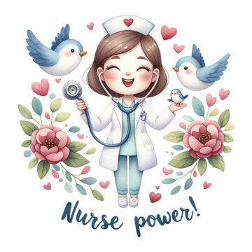 Cheerful cartoon nurse with stethoscope, surrounded by heart symbols, birds, and flowers, with Nurse power text below
