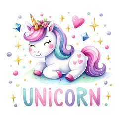 Delightful unicorn with pink hair adorned with flowers, surrounded by sparkles, hearts, and gems, word Unicorn is written below