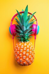 A pineapple with headphones on top of it. Vibrant pop art image.