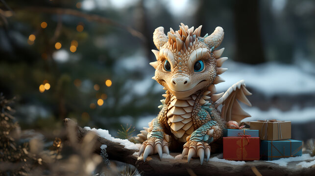 A green dragon, as a symbol of the New Year 2024, in a snowy forest clearing surrounded by gifts. High quality photo