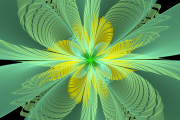 3D illustration. Abstract image. Yellow-green macro flower with wavy texture on a black background. Fractal. Graphic element for web design.
