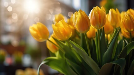 Yellow tulips in a wicker basket on a blurred background.