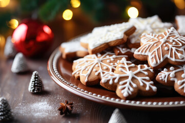 Fototapeta na wymiar Tasty gingerbread cookies with plate on table